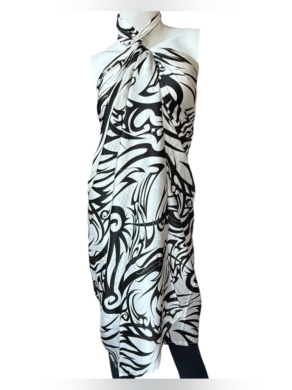 Black & White Silk charmeuse  Tribal Print S
Scarf, Cover-Up, Sarong.